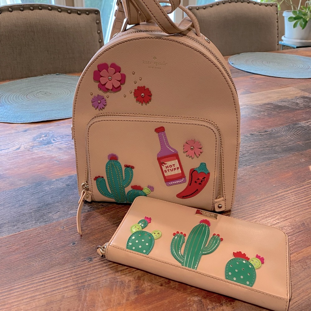 Kate Spade Beige Backpack and Wallet with Colorful Cactus Design